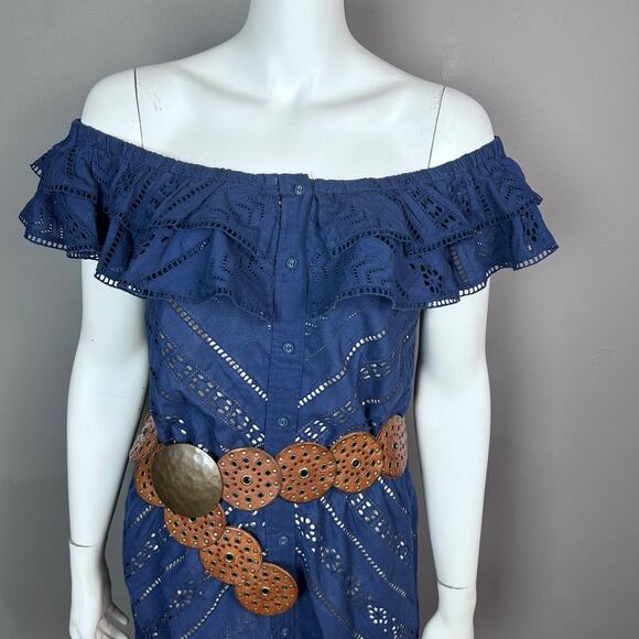Boston Proper dress Medium western blue maxi off shoulder eyelet boho NWT - Picture 3 of 15